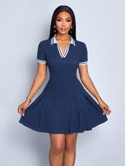 Modern Lapel Pleated Hem Dress