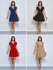 Modern Lapel Pleated Hem Dress