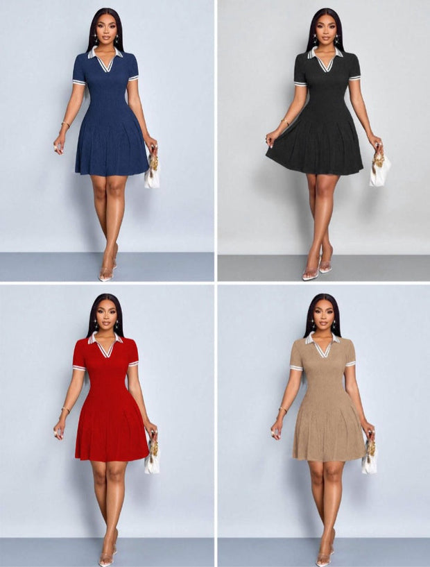 Modern Lapel Pleated Hem Dress