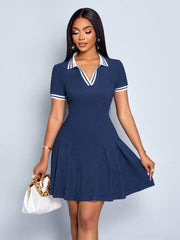 Modern Lapel Pleated Hem Dress